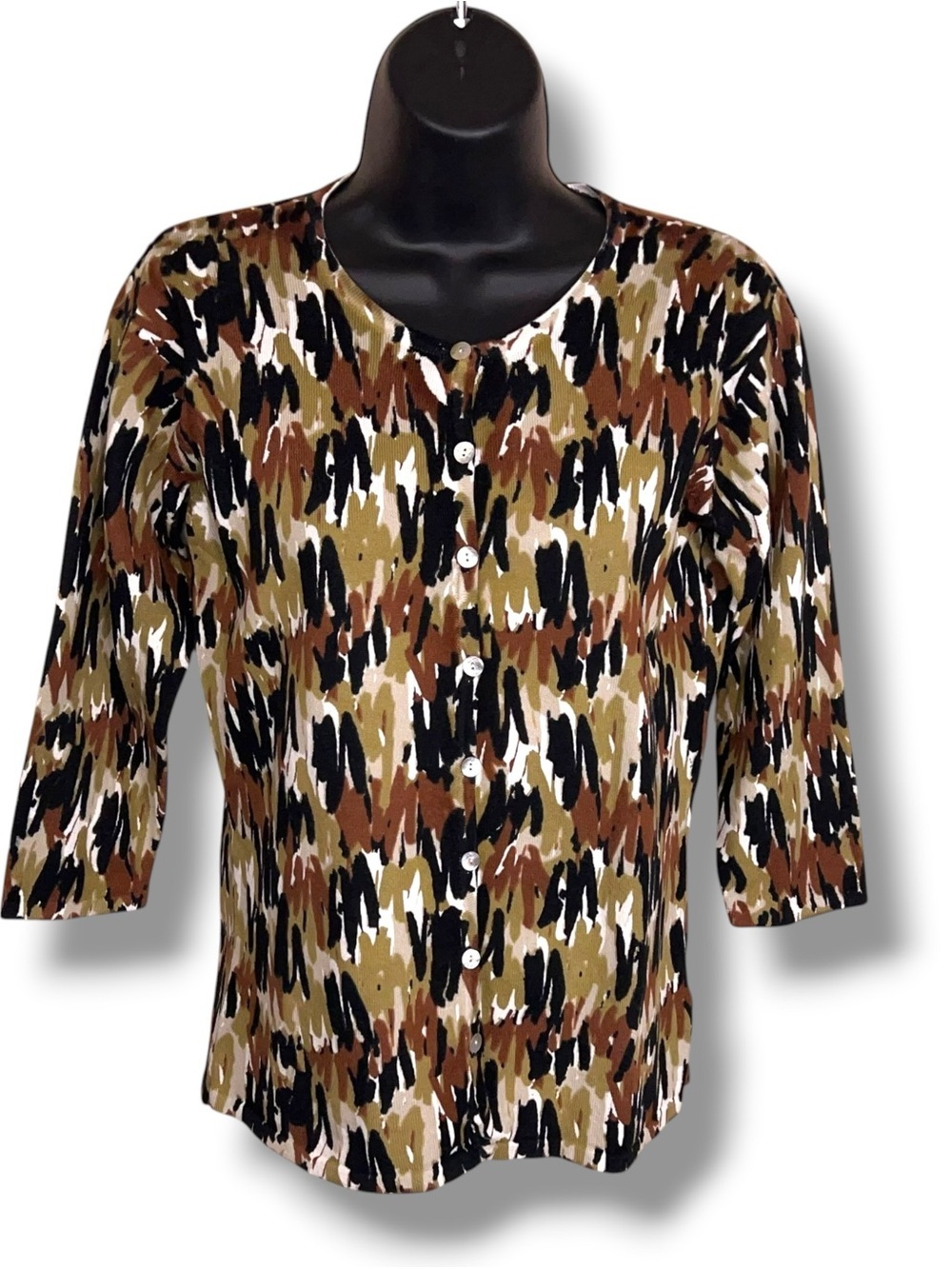 New Small Kim Rogers Cardigan Sweater 3/4 Sleeve Button Front Tan Brown Olive